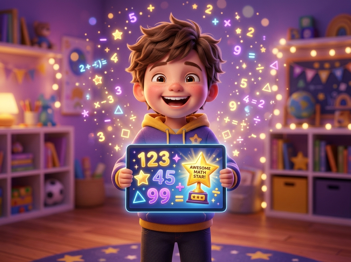 Child celebrating math learning achievement