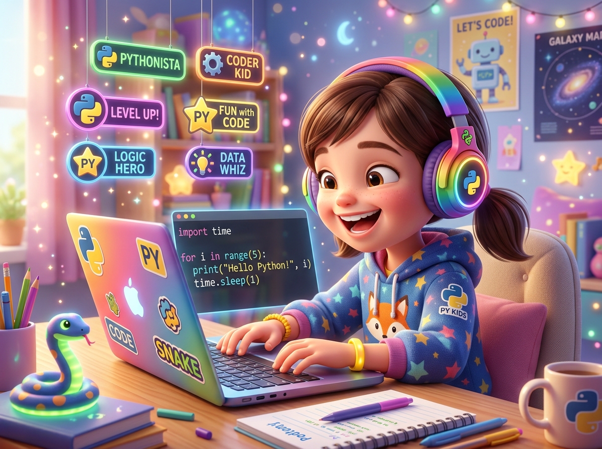 Happy child learning Python programming